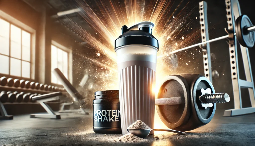 What to Drink While Working Out: Top Exercise Drinks for Optimal Hydration and Performance 2 Protein shake in a sleek shaker bottle with a scoop of protein powder beside it, set in a gym environment with heavy weights and a workout bench, representing muscle recovery and performance enhancement