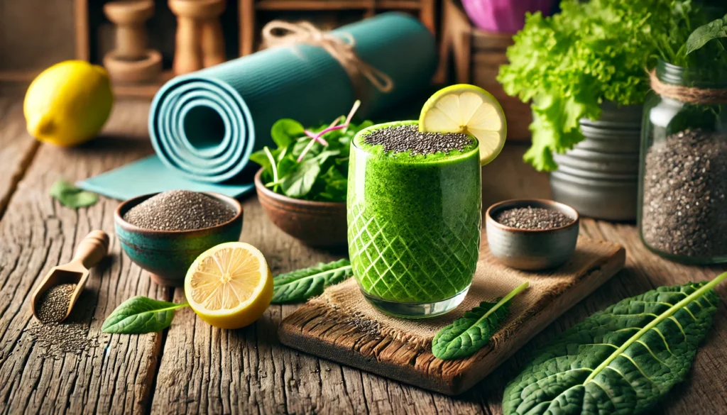 What to Drink While Working Out: Top Exercise Drinks for Optimal Hydration and Performance 3 Green smoothie with leafy greens, chia seeds, and lemon slice on a rustic wooden table, with yoga equipment in the background, conveying a refreshing post-workout drink for recovery and revitalization