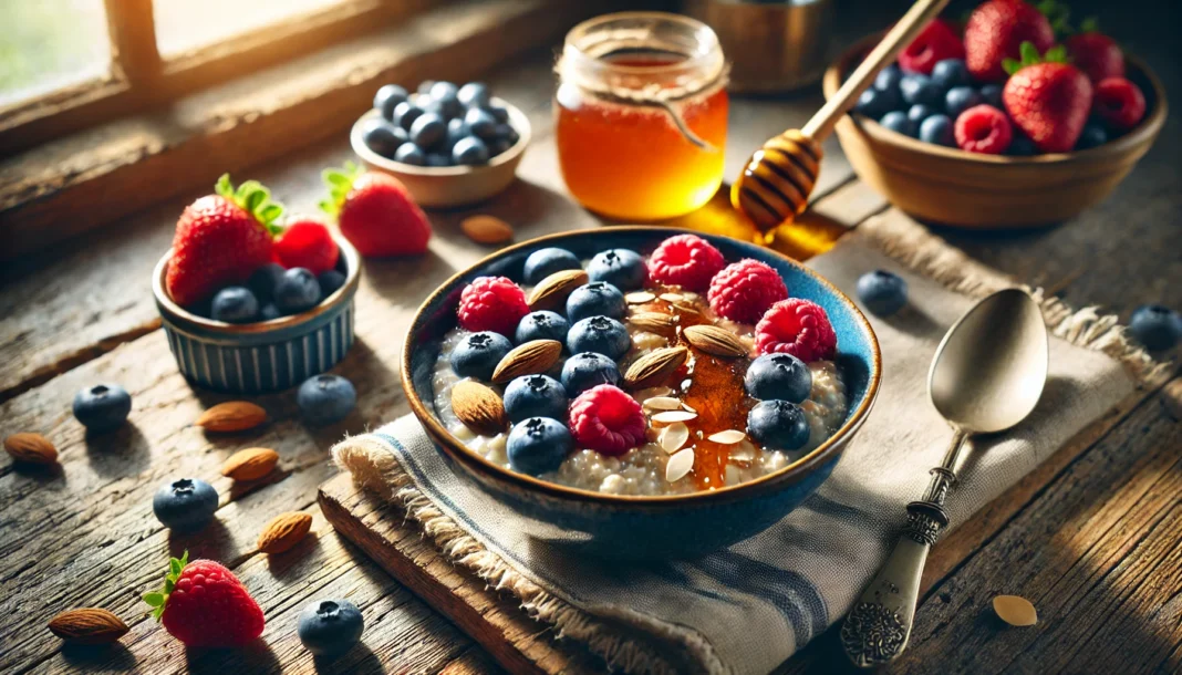 Bowl of oatmeal topped with fresh berries, almonds, and honey on a rustic wooden table with natural morning light – ideal pre-workout meal for fat loss