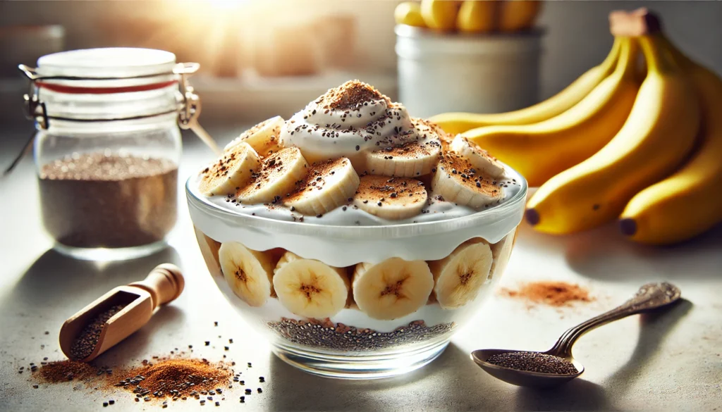 Best Pre-Workout Meal for Fat Loss: What to Eat Before an Early Morning Workout 1 Greek yogurt mixed with sliced bananas, chia seeds, and cinnamon in a glass bowl on a bright kitchen counter – energizing breakfast for early morning workout.