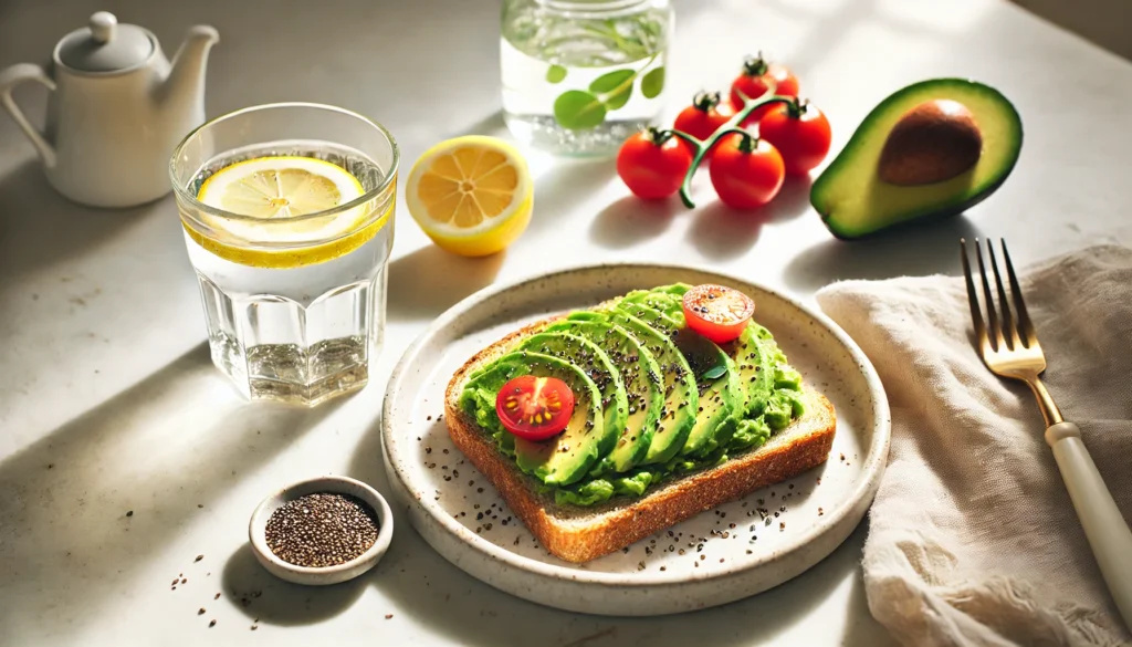 Best Pre-Workout Meal for Fat Loss: What to Eat Before an Early Morning Workout 2 "Whole-grain toast with avocado, cherry tomatoes, and chia seeds accompanied by a glass of lemon water on a white marble countertop – nutritious pre-workout snack for fat loss.