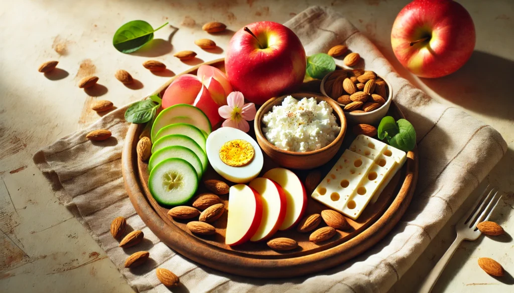 Best Pre-Workout Meal for Fat Loss: What to Eat Before an Early Morning Workout 3 Breakfast platter featuring a boiled egg, sliced apple, almonds, and cottage cheese on a wooden serving board with natural morning light – balanced pre-workout meal for fat loss.