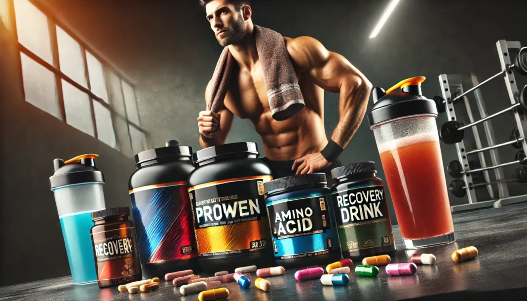 Assortment of workout supplements including protein powder, amino acids, and recovery drinks on a sleek surface, with a muscular man post-workout in the background, symbolizing athletic recovery and peak performance