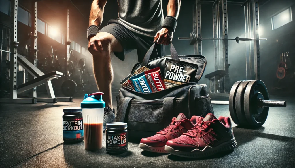 Best Workout Supplements for Men: Optimize Athletic Recovery & Regeneration for Peak Performance 1 Gym bag with visible workout supplements such as protein bars and pre-workout powder, surrounded by athletic shoes and a weightlifting belt, set in a dimly lit gym environment