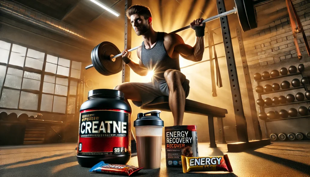 Best Workout Supplements for Men: Optimize Athletic Recovery & Regeneration for Peak Performance 2 High-energy scene of workout supplements on a gym bench, including creatine powder, protein shakes, and energy bars, with a man weightlifting in the background, emphasizing athletic recovery and peak performanc