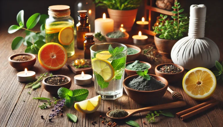 A tranquil spa scene featuring detoxifying natural ingredients like fresh herbs, citrus fruits, and herbal teas, arranged on a wooden table. A glass of infused lemon and mint water sits beside a detoxifying clay mask, surrounded by candles and lush green plants, symbolizing relaxation and body cleansing