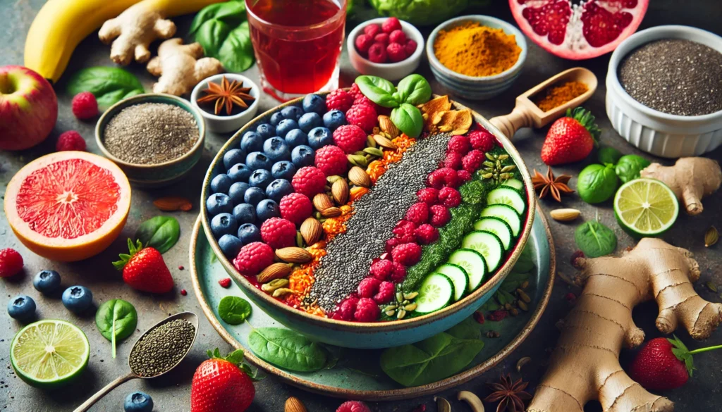 The Cleaner 7 Day Detox: Benefits, Side Effects, and What to Expect from This Ultimate Body Cleanse 1 A vibrant detox smoothie bowl filled with fresh berries, chia seeds, and leafy greens, artistically arranged with sliced fruits, seeds, and nuts. Surrounding the bowl are detox-friendly ingredients like ginger, turmeric, and herbal tea, radiating a healthy and refreshing aesthetic