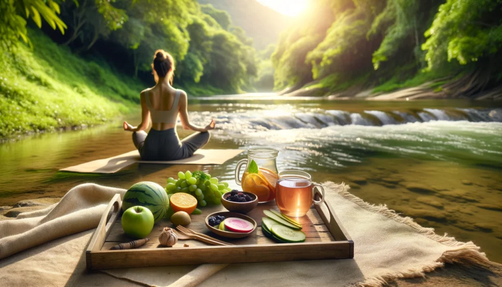 The Cleaner 7 Day Detox: Benefits, Side Effects, and What to Expect from This Ultimate Body Cleanse 2 A serene wellness scene with a woman practicing yoga near a flowing river, surrounded by lush greenery and soft morning sunlight. A wooden tray with herbal tea, fresh fruits, and detox-friendly ingredients sits nearby, representing balance, cleansing, and rejuvenation