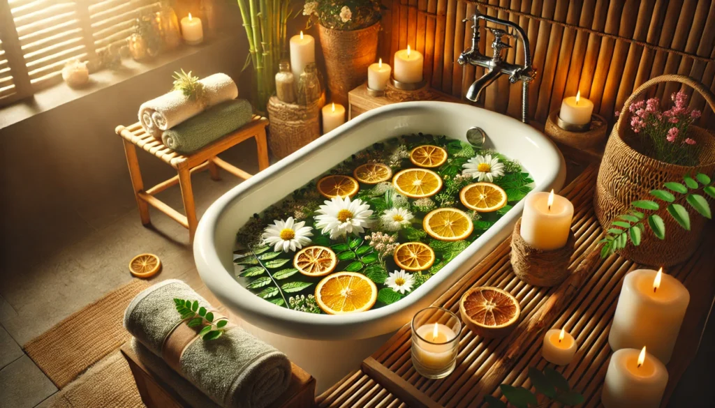 The Cleaner 7 Day Detox: Benefits, Side Effects, and What to Expect from This Ultimate Body Cleanse 3 A luxurious detox bath with herbal-infused water, floating citrus slices, and flower petals in a serene bathroom setting. The warm candlelight, bamboo decor, and fresh towels create an ambiance of relaxation, purification, and wellness