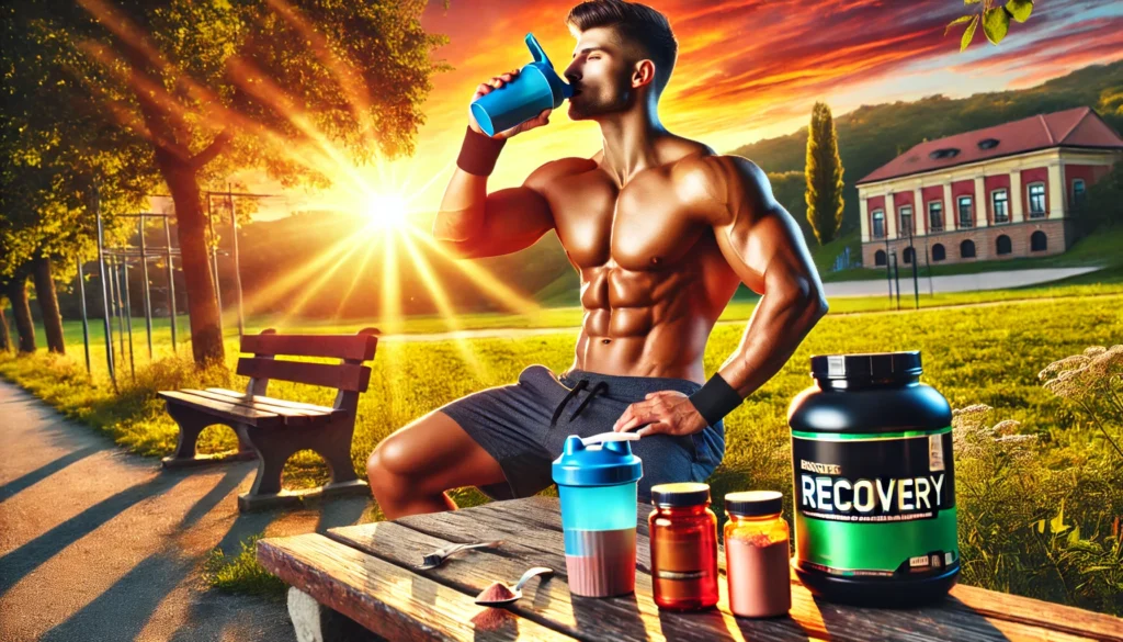 Best Workout Supplements for Men: Optimize Athletic Recovery & Regeneration for Peak Performance 3 Muscular man drinking a post-workout recovery shake outdoors, with workout supplements like protein powder and amino acids on a nearby bench, set against a scenic sunset in a park, representing athletic regeneration and peak performance
