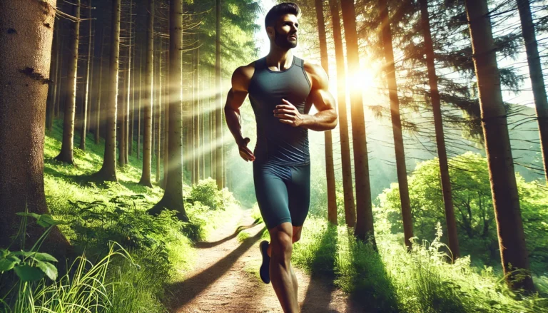 A fit, athletic man jogging through a lush forest trail in the morning sunlight, symbolizing vitality, detoxification, and rejuvenation. The scene exudes freshness with crisp air and light filtering through the tall green trees