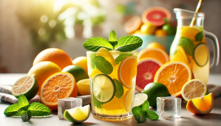 A refreshing detox drink in a glass, infused with citrus slices, mint leaves, and ice, surrounded by fresh fruits on a sunlit kitchen counter, symbolizing rejuvenation and cleansing