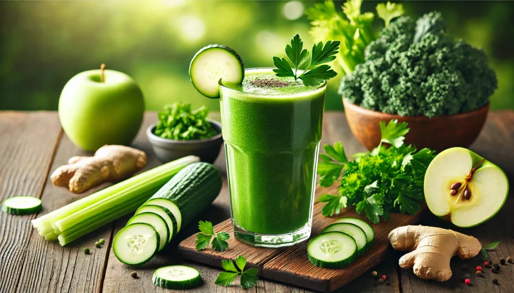 Same Day Detox Drinks: Do They Really Work for Quick Cleansing? 1 A green detox smoothie in a tall glass, garnished with cucumber and parsley, surrounded by fresh ingredients like kale, celery, ginger, and green apples on a rustic wooden table, evoking a natural cleansing effect