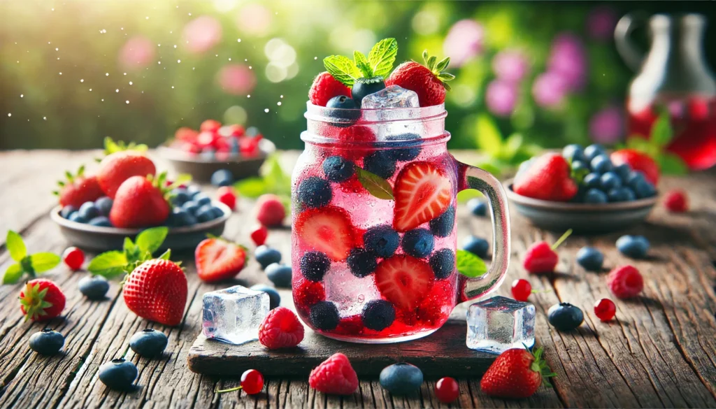 Same Day Detox Drinks: Do They Really Work for Quick Cleansing? 2 A vibrant berry detox drink in a mason jar with floating strawberries, blueberries, and raspberries, surrounded by fresh berries and mint on a rustic wooden surface, with a blurred summer garden in the background