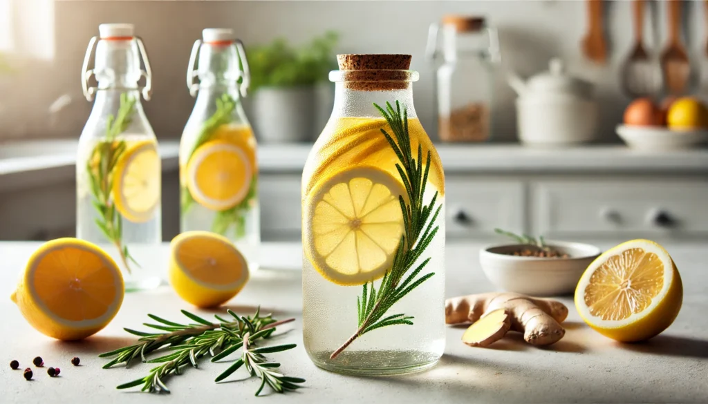 Same Day Detox Drinks: Do They Really Work for Quick Cleansing? 3 A citrus and herbal detox drink in a glass bottle, infused with lemon slices, rosemary, and ginger, placed on a clean white surface with fresh ingredients, set against a bright, minimalistic kitchen background with soft natural lighting