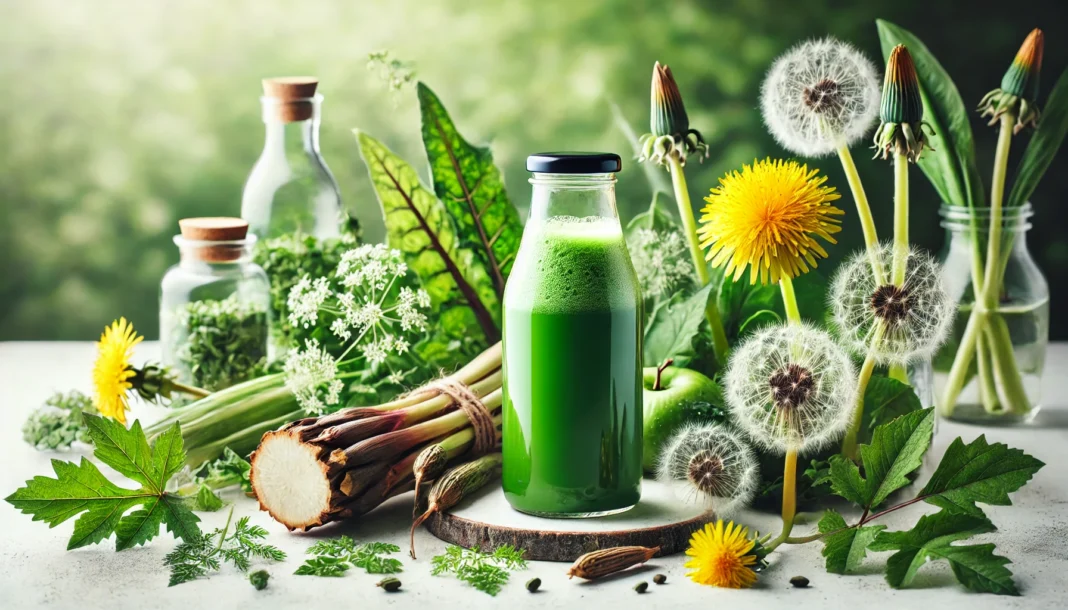 A vibrant green detox drink in a clear bottle surrounded by fresh herbs like dandelion, burdock root, and milk thistle, set in a clean, bright, and natural environment, symbolizing purification and wellness