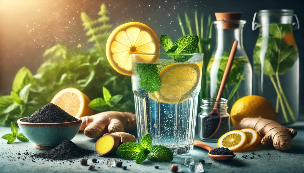 A glass of infused water with floating lemon slices and fresh mint leaves, surrounded by detoxifying ingredients like ginger, activated charcoal, and leafy greens, radiating a sense of cleansing and rejuvenation