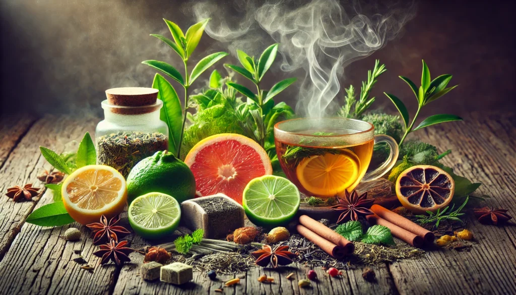 A rustic wooden surface displaying fresh citrus fruits, green tea, and herbal extracts, with steam rising from a warm herbal tea, symbolizing relaxation, cleansing, and a natural detox experience