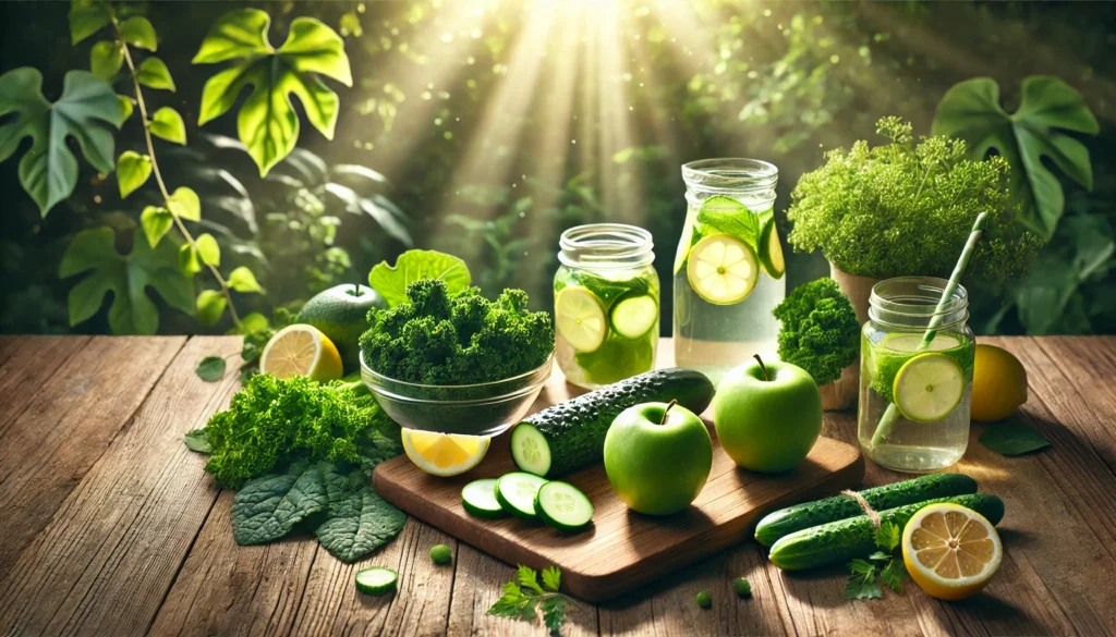 A wooden table adorned with detoxifying foods such as green apples, kale, cucumbers, and lemon water, bathed in soft sunlight filtering through green foliage, evoking health, renewal, and natural detoxification