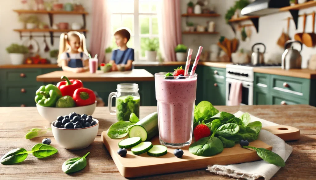 PBX Detox for Kids: How Zeolite Supports Safe Heavy Metal Cleansing 2 A detox-friendly smoothie for kids placed on a kitchen counter with a fresh fruit and vegetable platter, featuring blueberries, spinach, and cucumbers, evoking a sense of natural wellness and detoxification