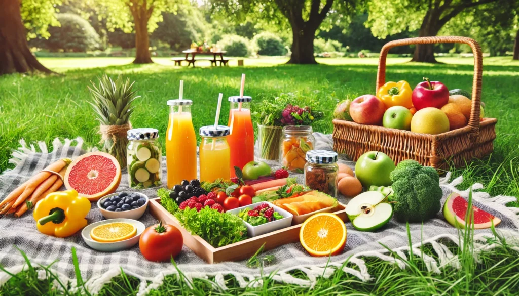 PBX Detox for Kids: How Zeolite Supports Safe Heavy Metal Cleansing 3 A colorful outdoor picnic setting with a spread of fresh fruits, vegetables, and herbal drinks on a picnic blanket in a lush green park, representing vitality, natural health, and toxin-free living for kids