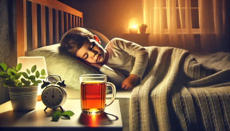 A peaceful bedtime scene with a child sleeping soundly, a glass of warm herbal tea on a nightstand beside a cozy bed, with soft lighting creating a calm and toxin-free atmosphere, symbolizing relaxation and well-being.