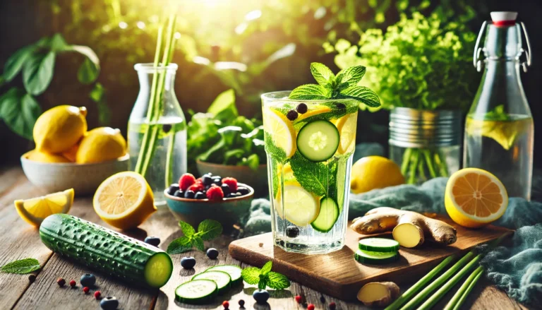 A refreshing detox scene featuring a glass of infused water with lemon, cucumber, and mint on a wooden table, surrounded by fresh detoxifying ingredients like ginger, leafy greens, and berries, bathed in soft natural sunlight.