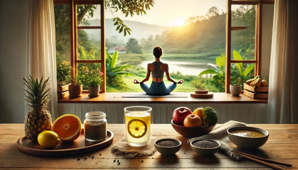Metabolic Detox: How to Support Your Body’s Natural Cleansing Process for Optimal Health 3 "A serene morning detox ritual with a person practicing yoga near a window overlooking a peaceful natural landscape, alongside a warm cup of lemon water, fresh fruit, and chia seeds on a wooden table, embodying mindfulness and balance