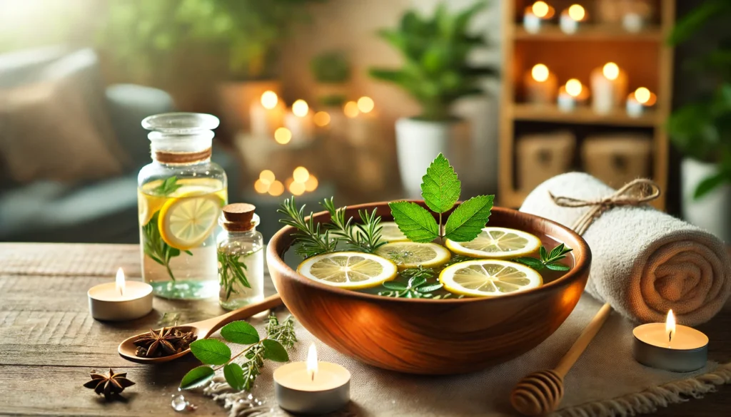 Metabolic Detox: How to Naturally Cleanse Your Body for Optimal Health 1 A tranquil spa-inspired detox scene featuring a wooden bowl filled with warm water, floating lemon slices, and herbal leaves, set against soft candlelight and lush indoor plants, evoking relaxation and natural cleansing