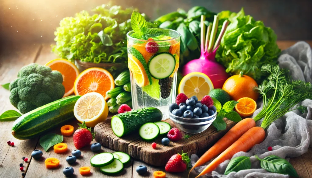 Metabolic Detox: How to Naturally Cleanse Your Body for Optimal Health 2 A vibrant detox-themed composition featuring an assortment of fresh fruits and vegetables, including berries, citrus, carrots, and leafy greens, with a glass of infused cucumber-lemon detox water at the center, illuminated by soft natural lighting