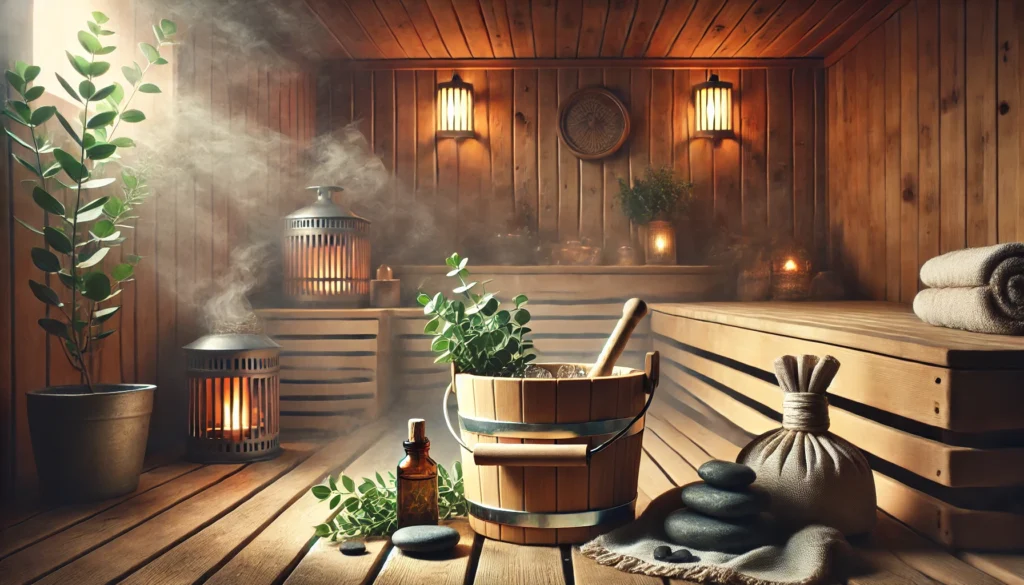 Metabolic Detox: How to Naturally Cleanse Your Body for Optimal Health 3 A serene sauna detox setting featuring a wooden sauna room, a bucket of water infused with essential oils, and steaming hot stones, with soft ambient lighting and eucalyptus leaves in the background, symbolizing deep cleansing and metabolic renewal