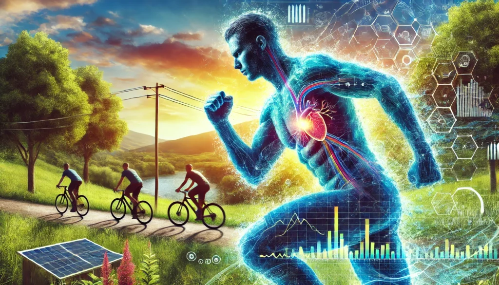 A person engaged in intense physical exercise, such as running or cycling, with visible sweat to symbolize the body's natural detoxification, set against a vibrant outdoor landscape