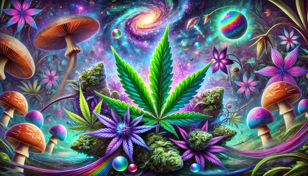 A vivid and colorful close-up of marijuana leaves with green, purple, and blue hues, set against a detailed background featuring exotic flowers, floating light orbs, a surreal cosmic sky with nebula-like patterns, glowing mushrooms, and soft mist for a mystical ambiance