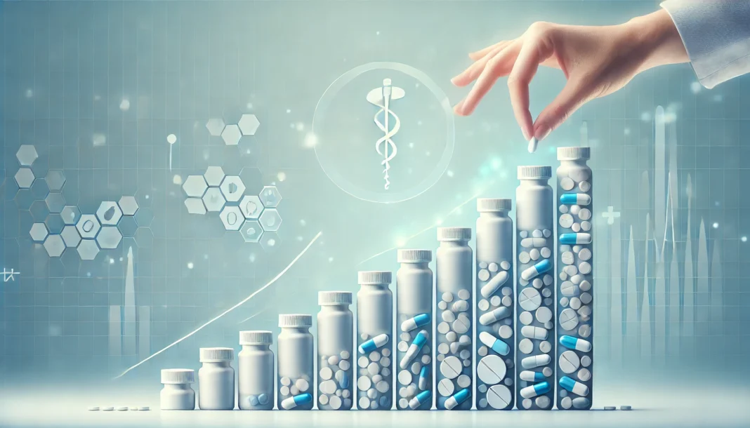 A conceptual illustration of drug tapering, showing progressively smaller pill bottles arranged in descending order against a calming medical-themed background with soft blue and white hues, symbolizing a safe and controlled reduction of medication use