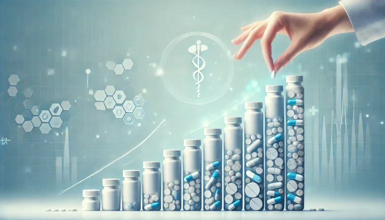 A conceptual illustration of drug tapering, showing progressively smaller pill bottles arranged in descending order against a calming medical-themed background with soft blue and white hues, symbolizing a safe and controlled reduction of medication use