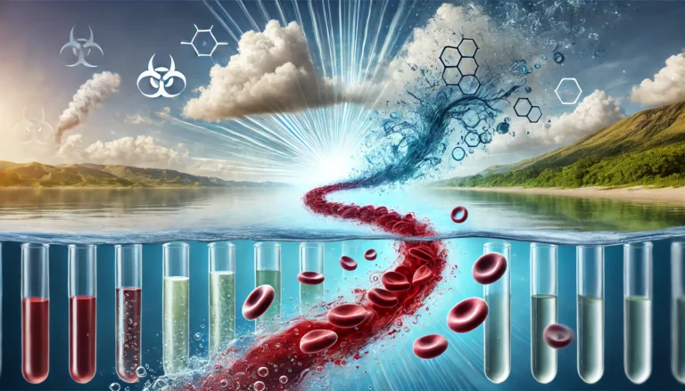 A conceptual visualization of detoxification, showing a transition from a cloudy, toxin-filled bloodstream to a clean and purified state, with a serene natural background and water elements symbolizing cleansing and renewal.