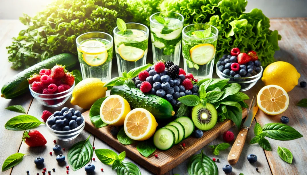 Fresh fruits and vegetables including lemons, berries, leafy greens, and cucumbers arranged beautifully on a wooden table with detox water glasses, symbolizing natural detox ingredients and healthy living