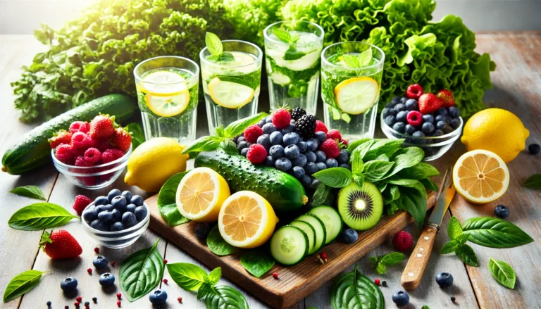 Fresh fruits and vegetables including lemons, berries, leafy greens, and cucumbers arranged beautifully on a wooden table with detox water glasses, symbolizing natural detox ingredients and healthy living