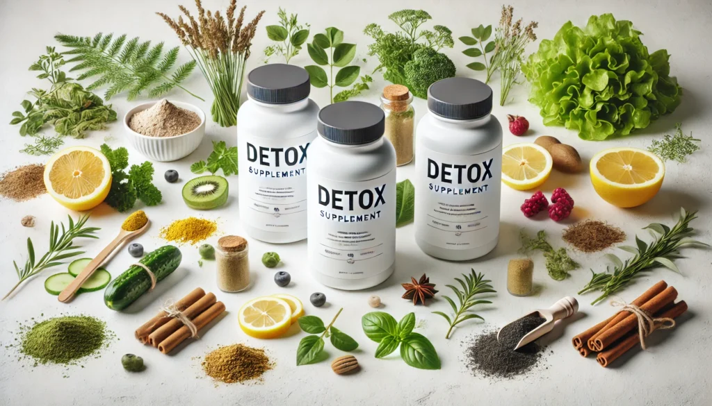 Best Detox Supplements for a Healthier Body: Top Picks for Safe and Effective Cleansing 1 Minimalist detox supplement bottles surrounded by herbs, fruits, and powders on a white countertop, emphasizing a clean and healthy lifestyle