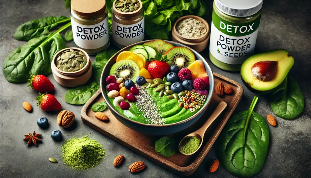 Best Detox Supplements for a Healthier Body: Top Picks for Safe and Effective Cleansing 2 Vibrant green smoothie bowl topped with fresh fruits, nuts, and seeds, accompanied by detox powder containers and leafy greens, showcasing vitality and wellness
