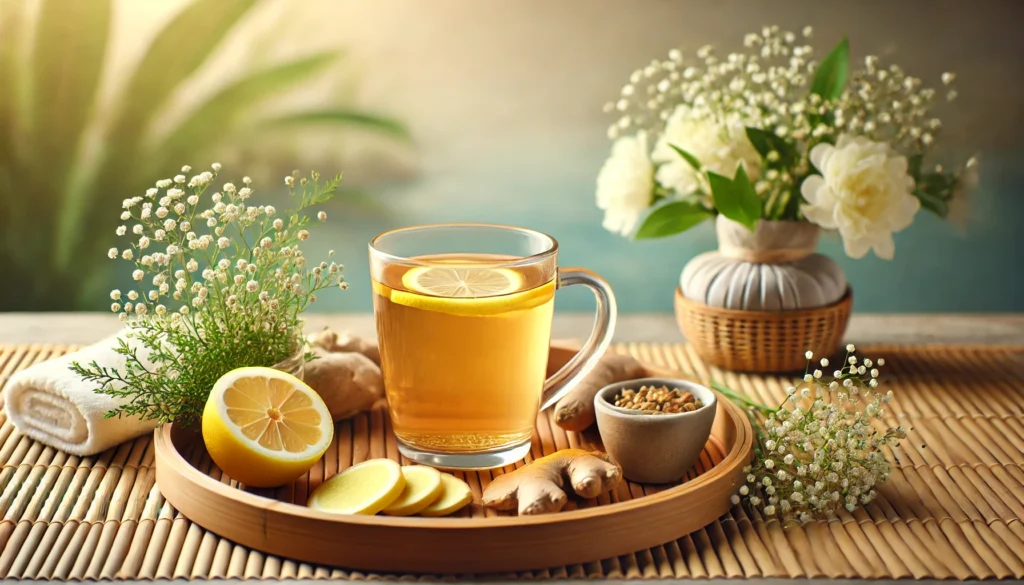 Best Detox Supplements for a Healthier Body: Top Picks for Safe and Effective Cleansing 3 Serene spa-like scene with a glass of detox tea, lemon slices, ginger, and herbs on a bamboo tray, evoking relaxation and holistic cleansing