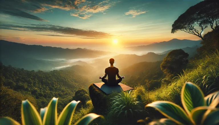 A serene morning scene of a person practicing yoga on a mountaintop at sunrise, symbolizing mental and physical recovery. The individual is in a meditative pose, surrounded by lush greenery and a vast horizon, evoking a sense of peace and rejuvenation.