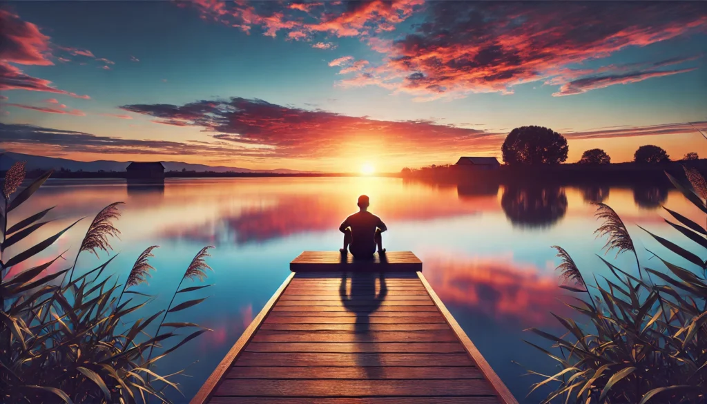 How to Recover Quickly: Proven Strategies for Athletic Recovery & Regeneration 2 A peaceful lakeside scene with a person sitting on a dock, watching the sunset, symbolizing emotional recovery and reflection. The still water reflects the vibrant sky, creating a calming and restorative atmosphere.