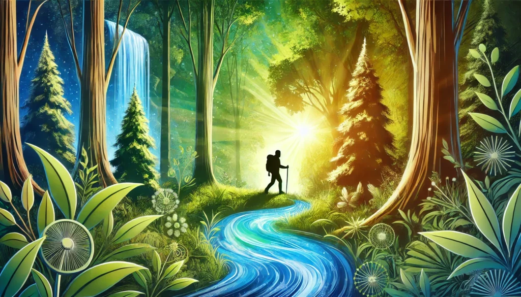 How to Recover Quickly: Proven Strategies for Athletic Recovery & Regeneration 3 A vibrant, nature-inspired scene of a person hiking through a lush forest, symbolizing recovery through movement and connection with nature. The individual is surrounded by tall trees, dappled sunlight, and a refreshing waterfall in the background, evoking a sense of renewal and vitality.