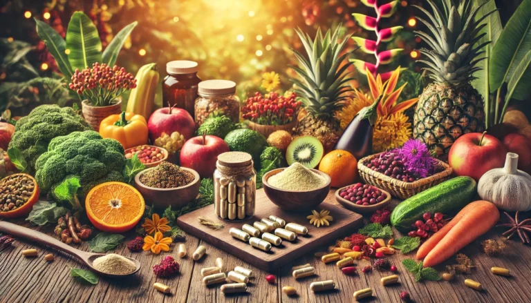 Natural herbs, fruits, and vegetables with capsules and powder supplements on a wooden table, emphasizing health and wellness