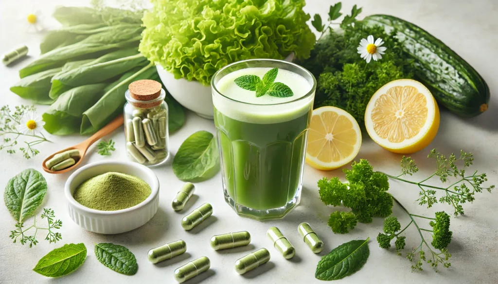 The Truth About Good Natural Diet Pills: Do They Really Support Detoxification & Weight Loss? 1 Detox green smoothie with leafy greens, lemon slices, and herbal capsules on a bright minimalistic background