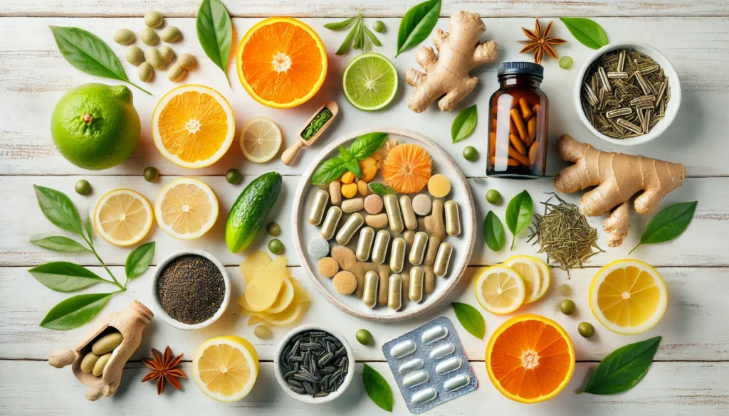 The Truth About Good Natural Diet Pills: Do They Really Support Detoxification & Weight Loss? 2 Flat lay of natural supplements and detox pills with citrus fruits, ginger, and green tea leaves on a white wooden background