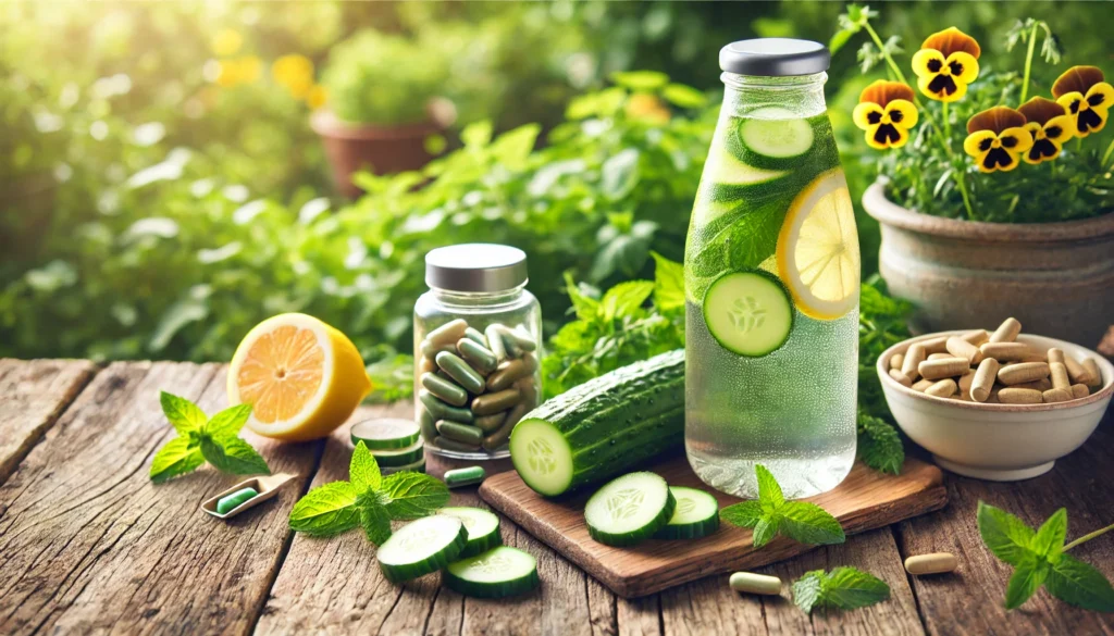 The Truth About Good Natural Diet Pills: Do They Really Support Detoxification & Weight Loss? 3 Detox water bottle with cucumber, lemon, and mint leaves next to herbal supplements on a rustic outdoor wooden surface