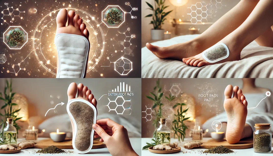 A close-up of a person's feet with detox foot pads applied overnight, showing a comparison of a clean pad versus a darkened, used pad in a cozy bedroom setting.
