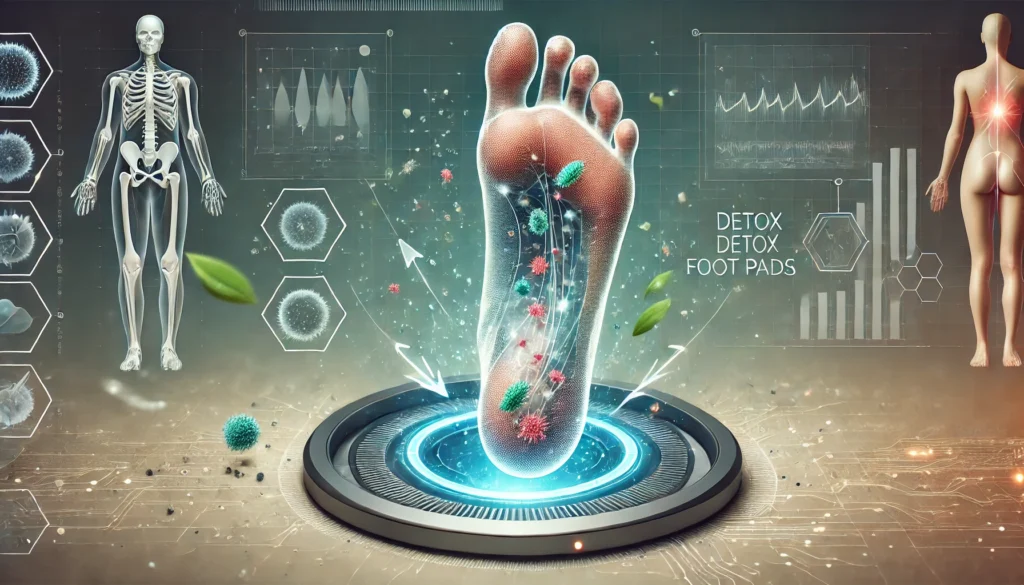 Detox Foot Pads: Do They Really Work? Unveiling the Truth About Foot Cleanse Pads and Toxin Removal 1 A scientific illustration of toxins being drawn from the feet into detox foot pads, featuring a transparent foot overlay, arrows, and microscopic toxin particles in a futuristic medical-themed background.